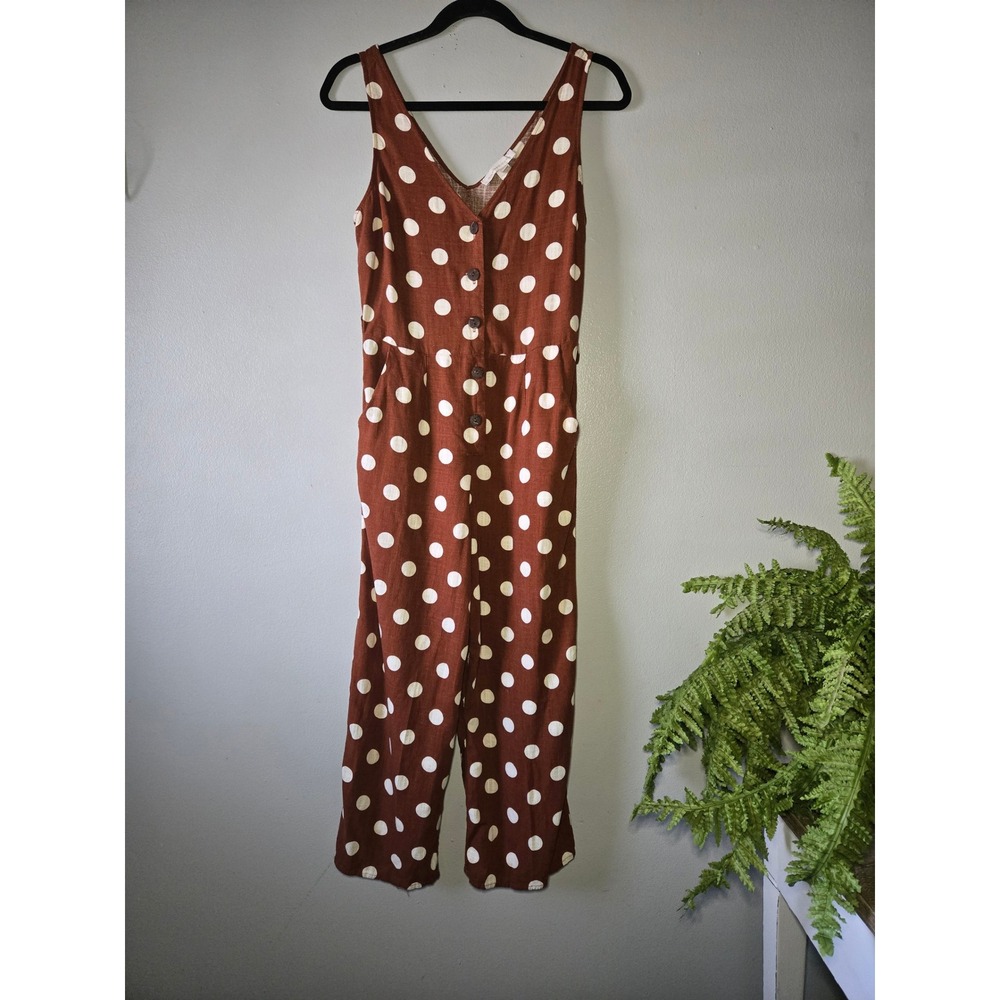 Monteau Polka Dot Brown Jumpsuit Medium Wide Leg Button Front - Picture 2 of 10